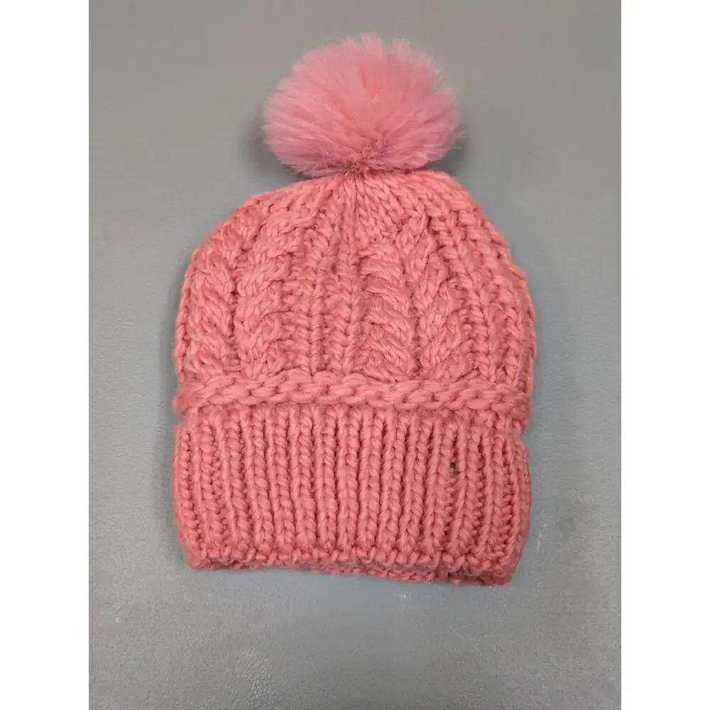 Chunky Knit Beanie Sherpa Lined Pom Cable Knit Fold-Up Cuff Winter Ski Cozy Pink